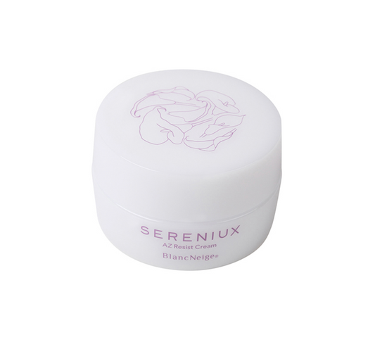 Luxurious white skincare jar with floral logo: SERENIUX SERIES anti-aging resist cream restores youthful radiance.