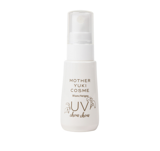 Lightweight UV protection spray from Blancskin's Mother Yuki Cosme line, ideal for all skin types.
